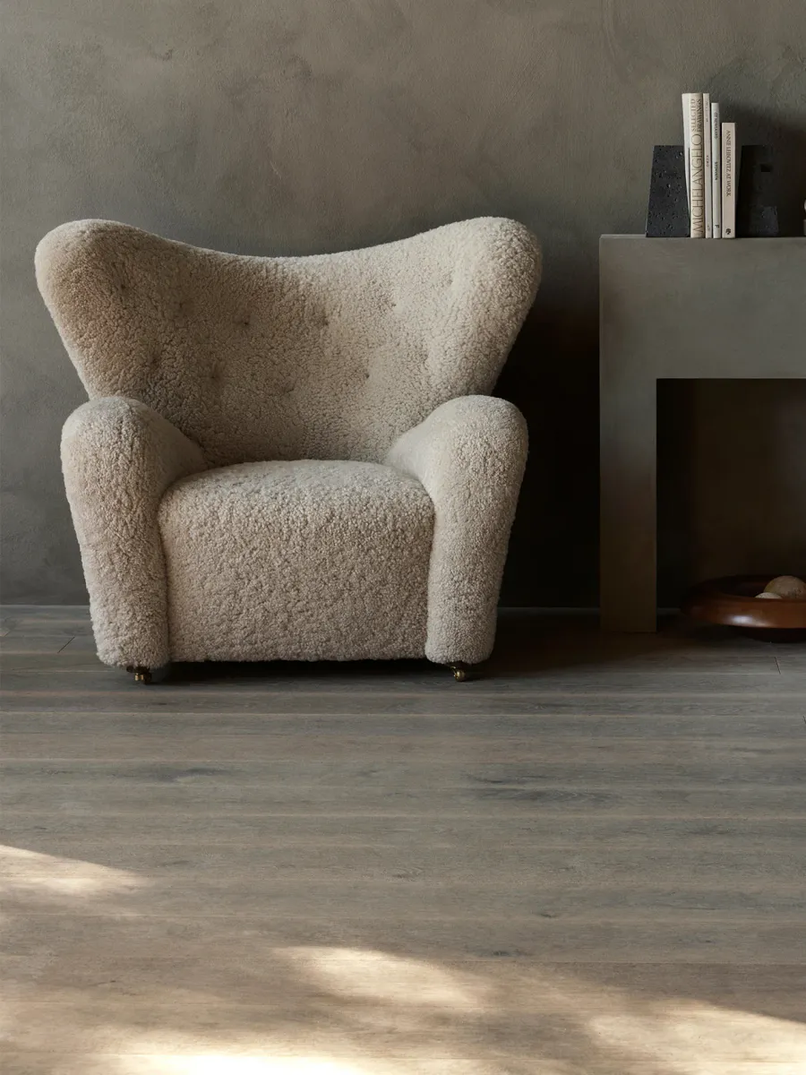 The Tired Man Lounge Chair. Sheepskin Moonlight