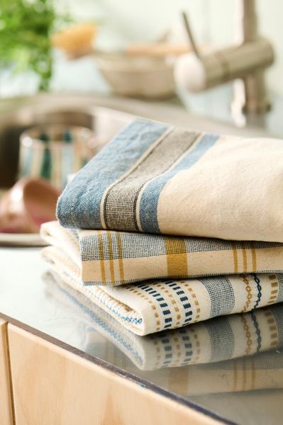 Hovedbilde Kjøkkenhåndkle hvitt m/blått og beige innvevd ...